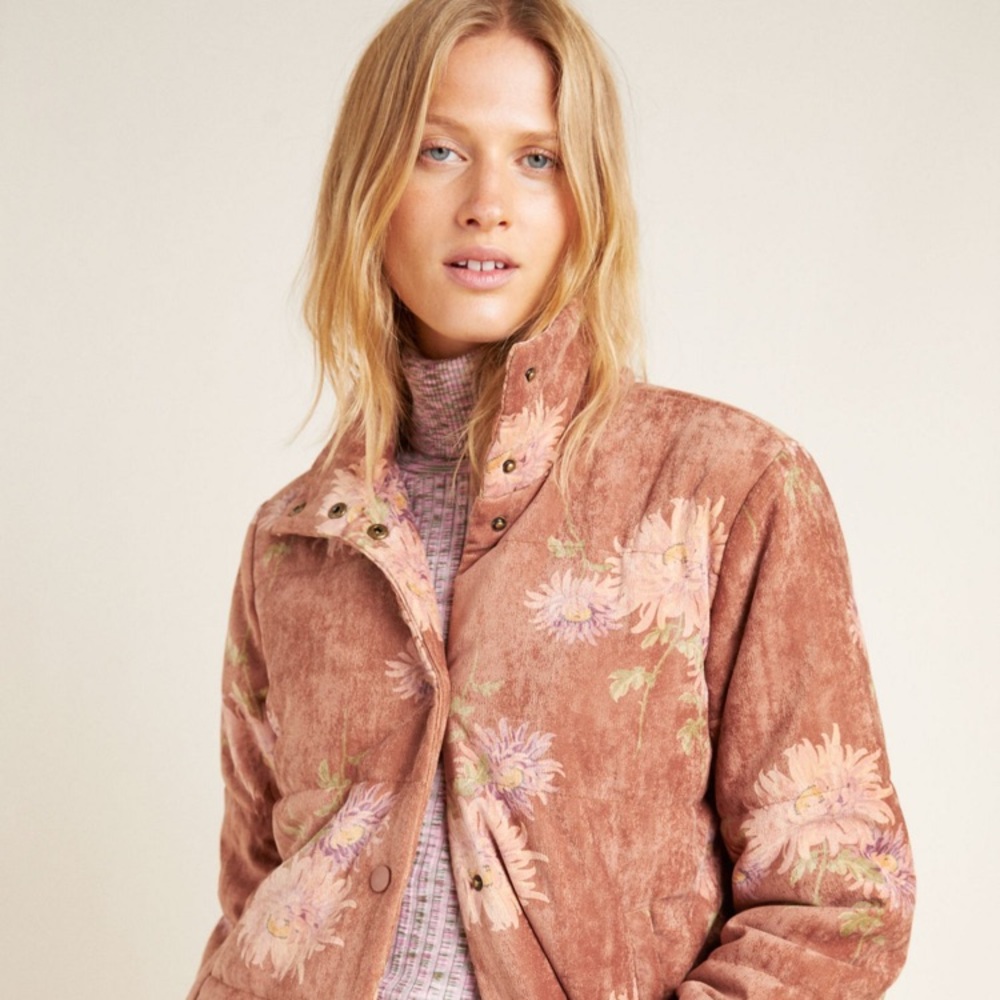 Anthropologie Floral Puffer Jacket in Pink and Cream